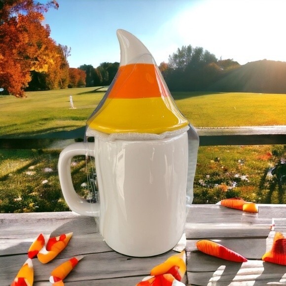 Rae Dunn Candy Corn Gnome You’re So Corny Figural Coffee Mug With Topper. New. - Picture 2 of 4